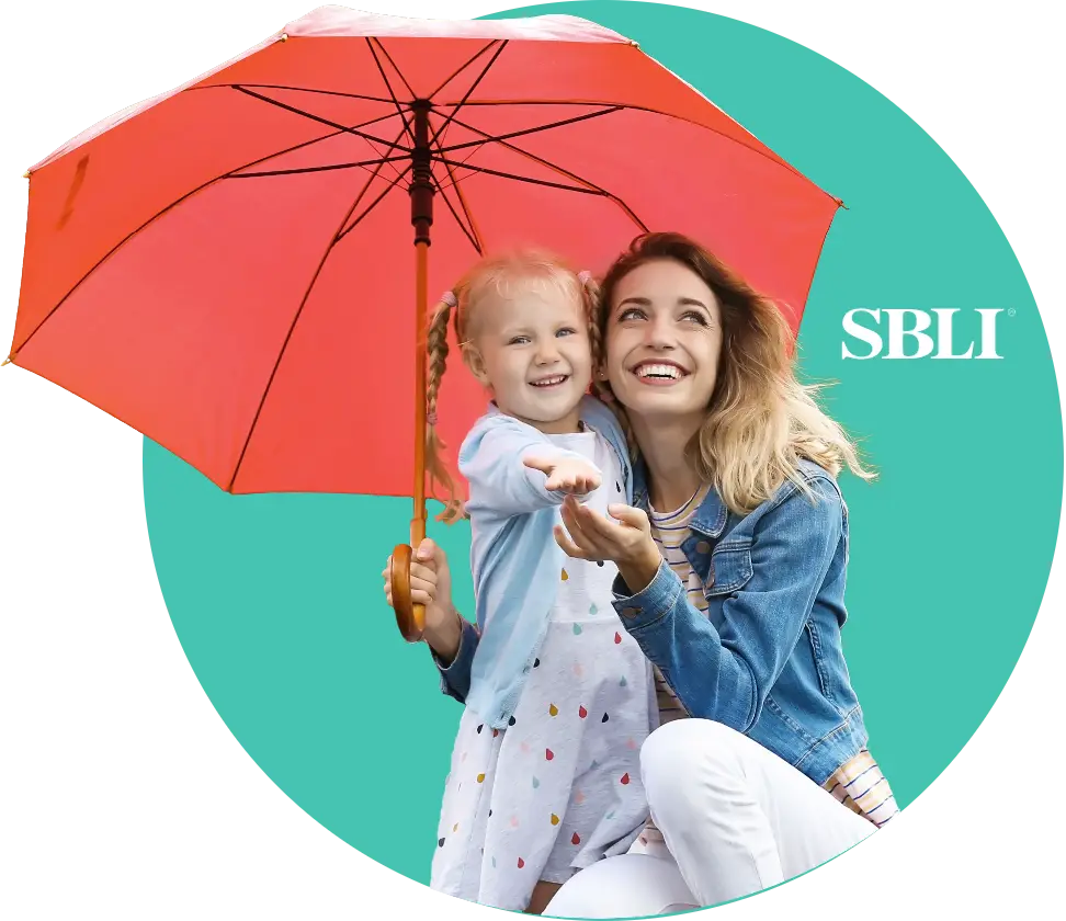 Woman and young daughter holding a red umbrella with SBLI logo aside: SBLI provides Quility Level Term life insurance